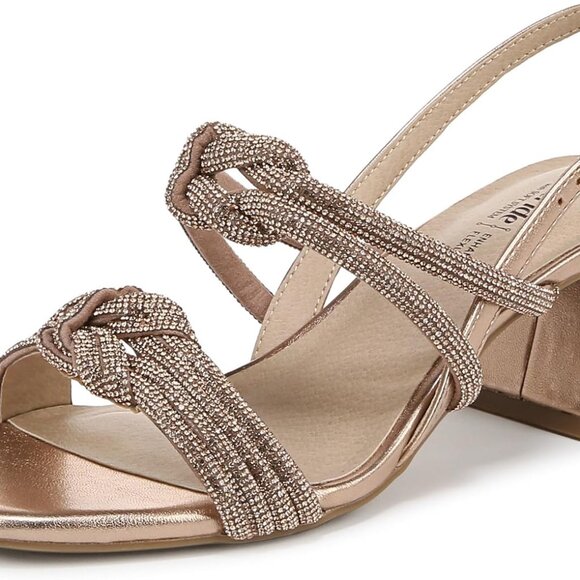 Women's Heeled Sandal Rose Gold Buckle Strap Dressy Block Heel Comfort - Picture 1 of 9